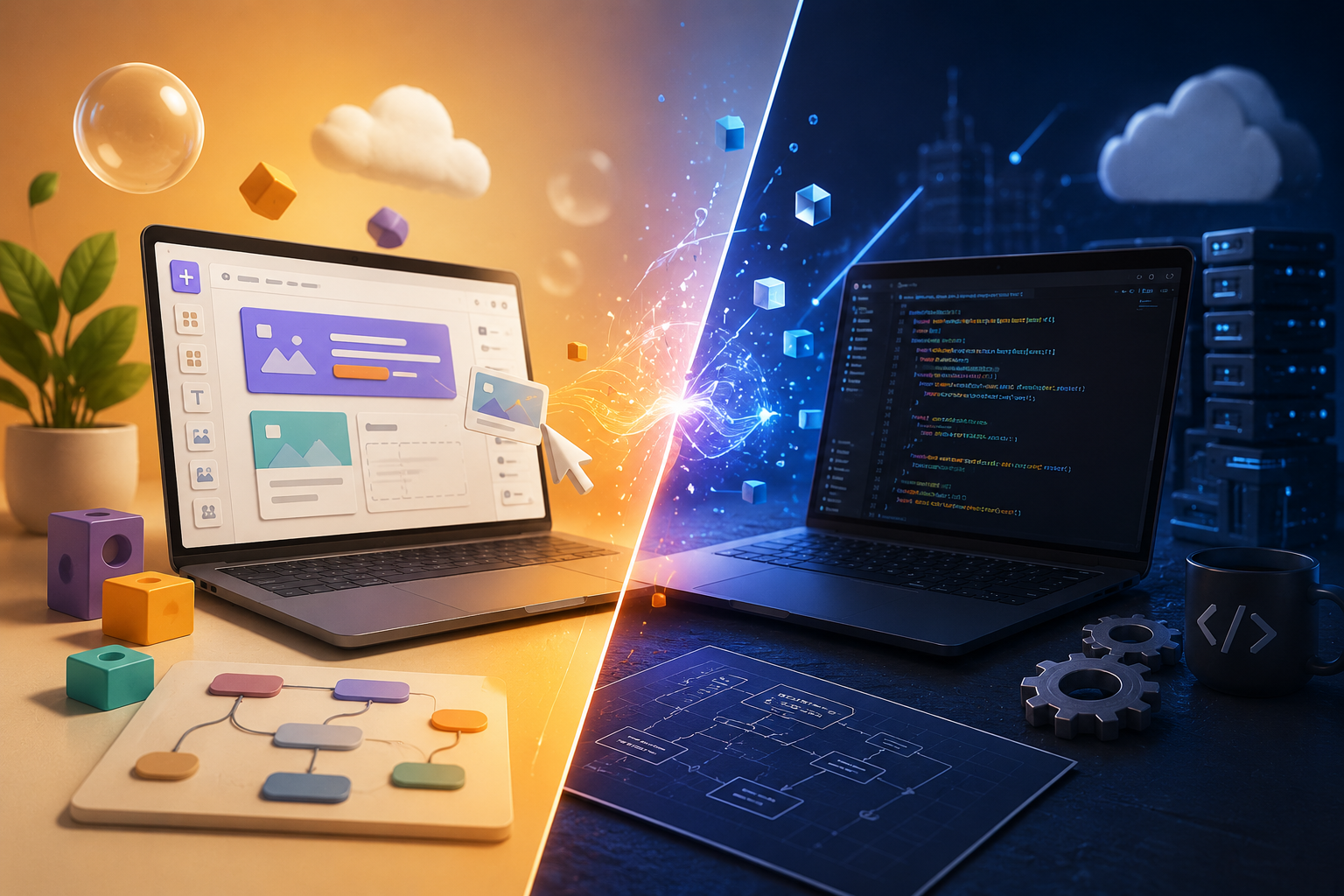 A split scene — a no-code visual builder on a warm-lit desk on one side, a code editor and server racks on the dark side, meeting at a bright seam in the middle.