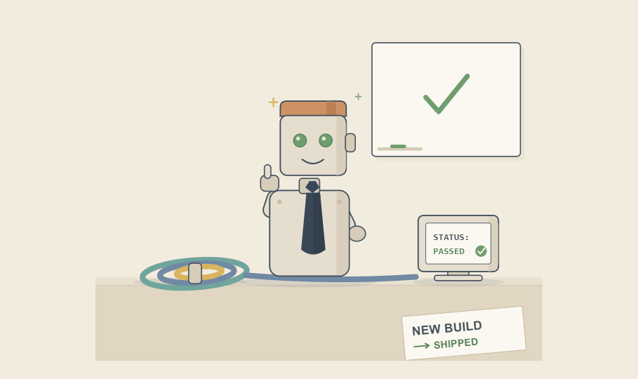 A cheerful robot giving a thumbs-up beside a green checkmark and a 'Status: Passed' monitor, with a 'New build — shipped' note — a no-code build delivered successfully.