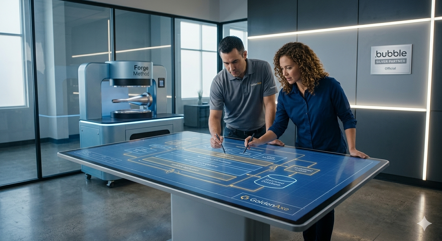 Two partners reviewing a Bubble app blueprint on an interactive design table, with a Bubble.io sign in the background.