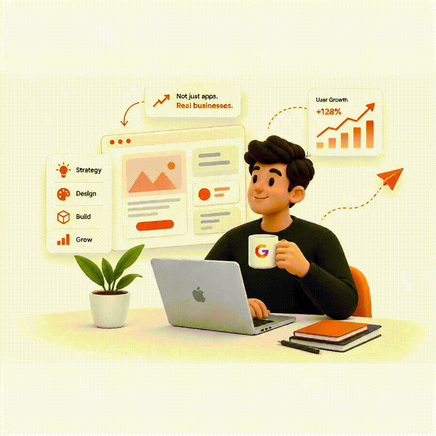 An animated illustration of a consultant at a laptop, surrounded by strategy, design, build and grow notes and a rising user-growth chart