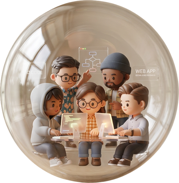 A product team building a web application together, held inside a glass bubble.