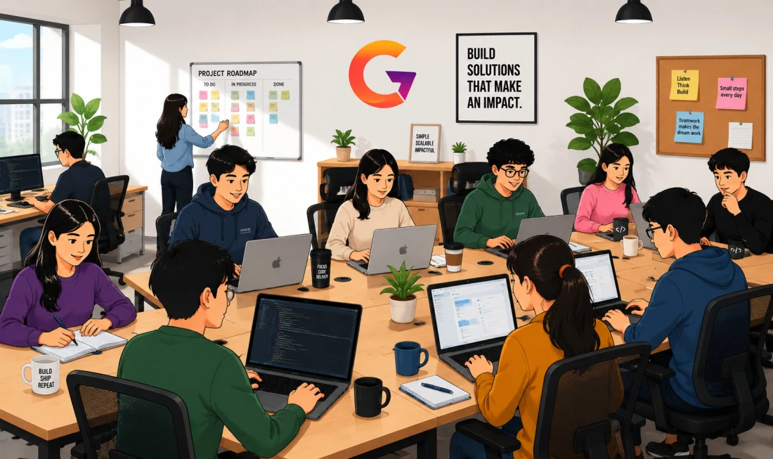 The GoldenAxe studio at work — the team at their laptops around a shared table, a project roadmap on the wall being updated, and the studio's principles pinned up beside it.